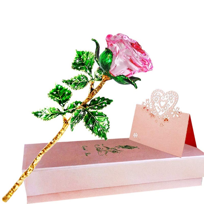 SWEETIME Pink Rose Birthday Gift for Women, K9 Glass Rose with Wish Card, Galaxy Rose Flower, Crystal Rose with Green Leaves, Unique Gift for Her on Thanksgiving, Christmas, Wedding,Valentine's Day. - Image 1